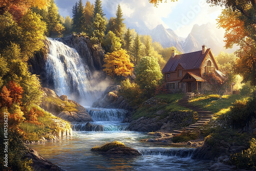 waterfall in autumn forest