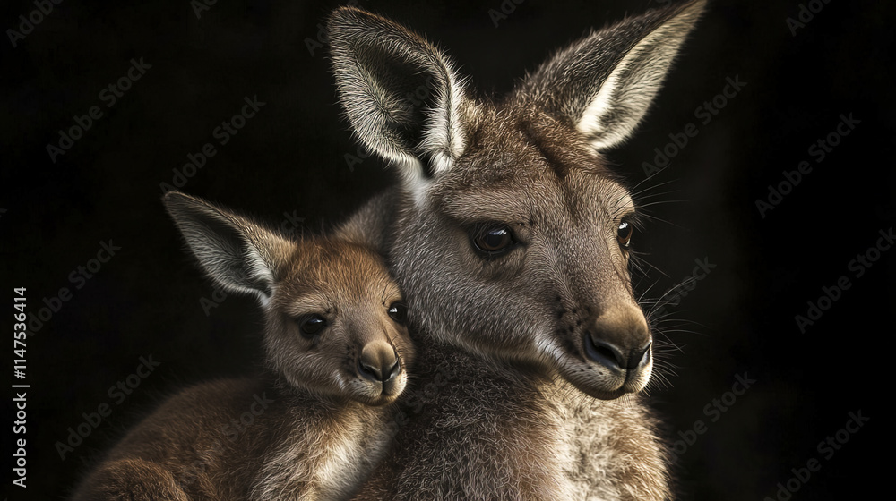 Fototapeta premium close up portrait of adult kangaroo and baby kangaroo dark background, showcasing their features
