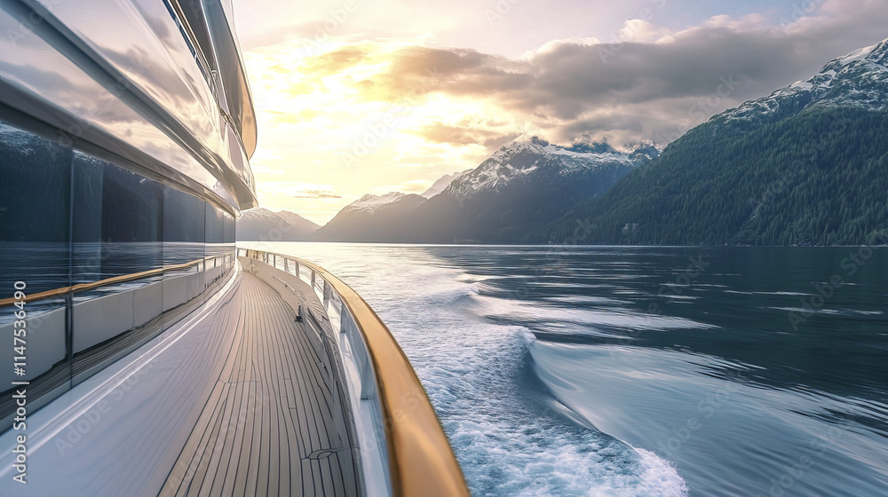 Obraz premium scenic view of yacht cruising through calm waters, surrounded by mountains