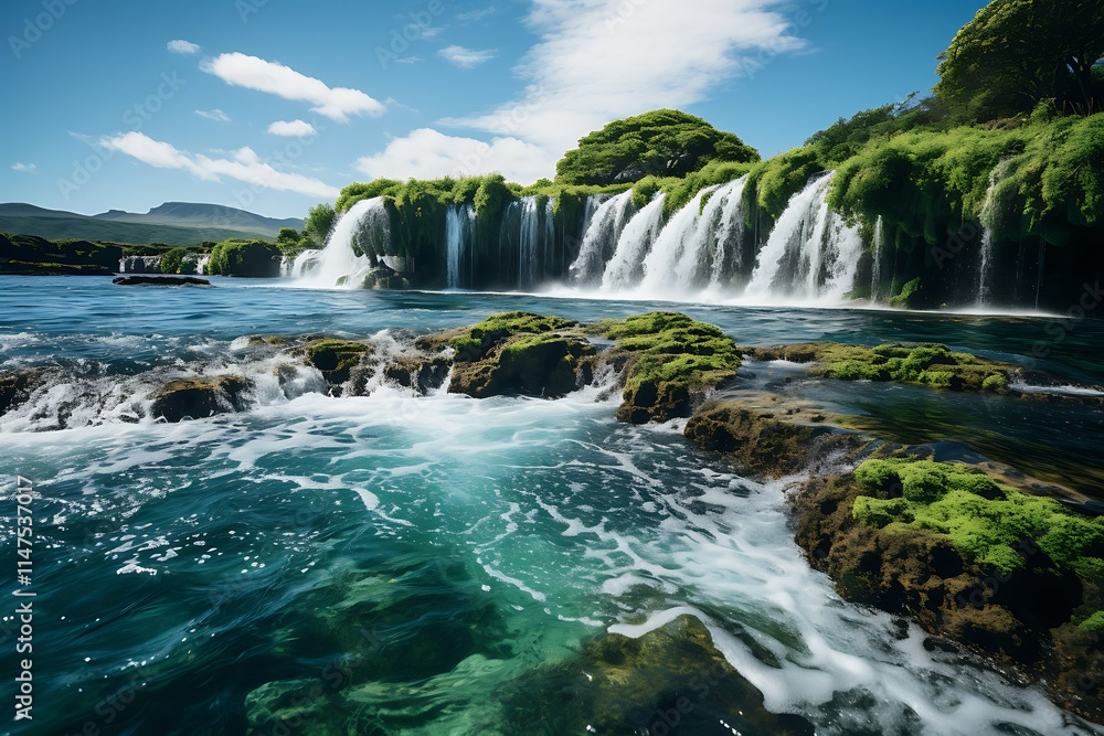 Fototapeta premium Serene waterfall cascading into a crystal-clear river, surrounded by lush green vegetation under a vibrant blue sky.