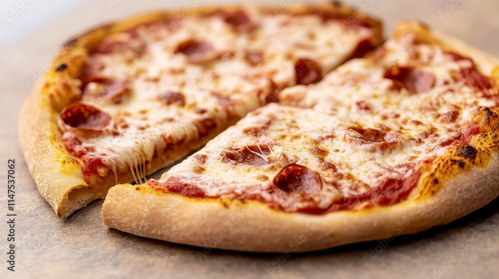 A delicious pizza with melted cheese, pepperoni slices, and a golden crust, featuring three slices cut out on a textured surface. A delicious pizza with melted cheese, pepperoni slices, and a golden crust, featuring three slices cut out on a textured surface.