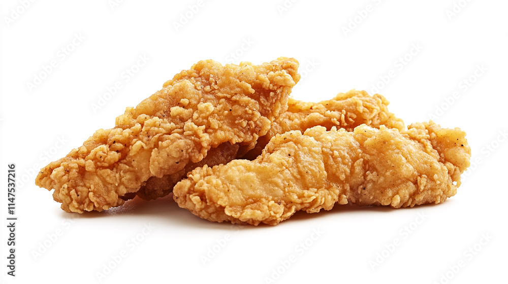 Crispy fried chicken tenders served on a white background. Crispy fried chicken tenders served on a white background.