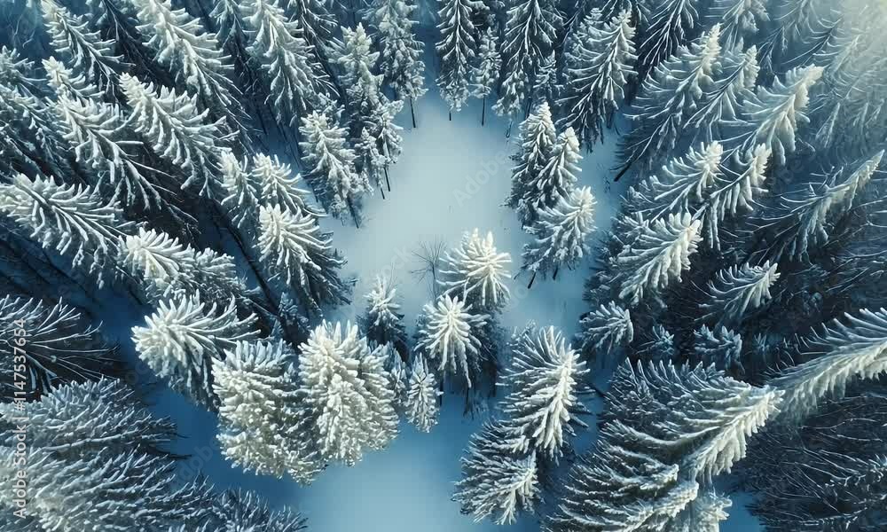 Aerial view of a snowy forest with tall trees surrounding a circular clearing. Aerial view of a snowy forest with tall trees surrounding a circular clearing.