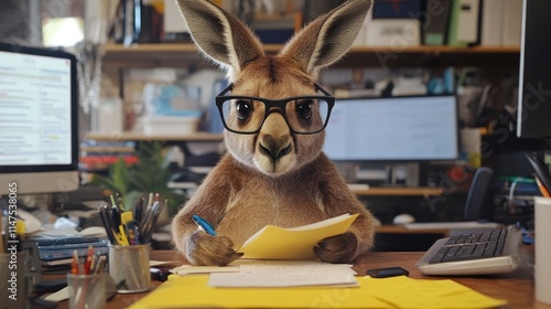 A kangaroo wearing glasses sits at a desk in an office, working on paperwork. photo