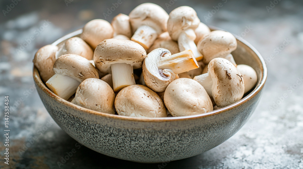 Fresh mushrooms arranged in a bowl on a rustic surface. Fresh mushrooms arranged in a bowl on a rustic surface.