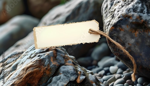 Natural blank label tag on a rock outdoor setting macro photography nature environment close-up view creative concept photo