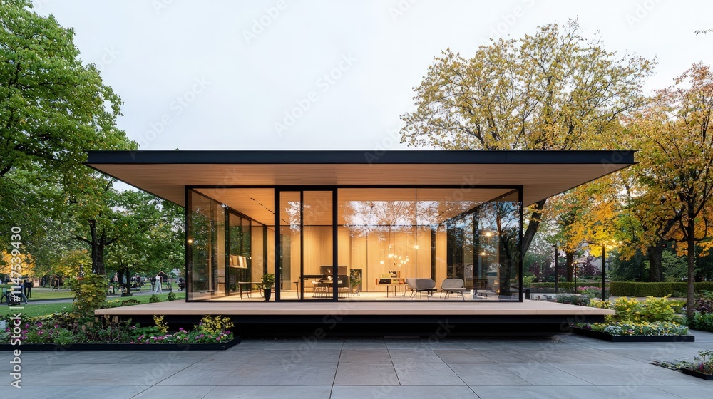 Modern glass pavilion in park setting at dusk. Modern glass pavilion in park setting at dusk.