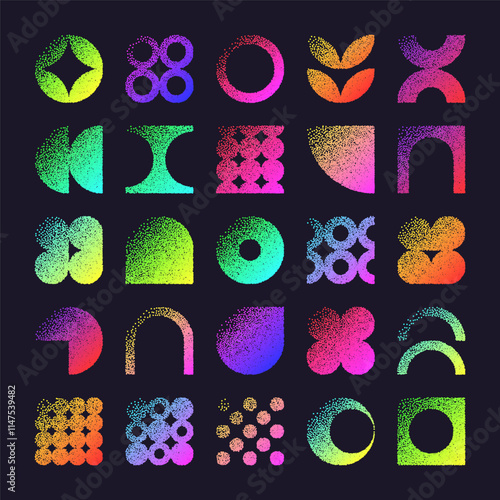 Brutalist geometric shapes, dotted objects. Stipple elements modern symbols. Neon primitive forms. Retro design, trendy contemporary minimalist style, y2k. Dot shading, drawing. Vector illustration