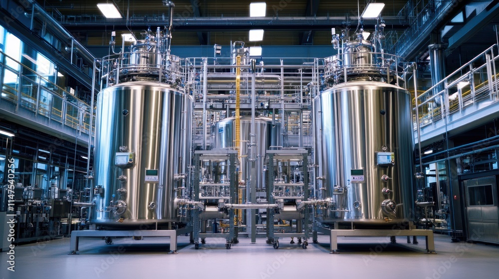 Two large stainless steel tanks in a clean, modern industrial facility. Two large stainless steel tanks in a clean, modern industrial facility.
