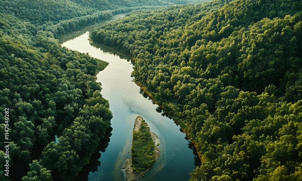 Aerial view of a winding river surrounded by lush green forests and a small island. Aerial view of a winding river surrounded by lush green forests and a small island.