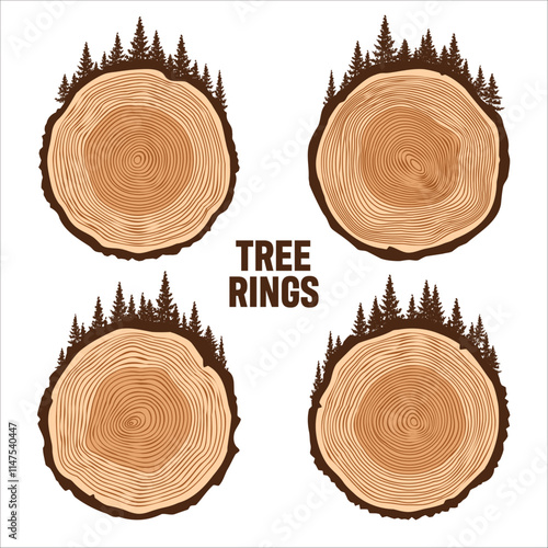 Round tree trunk cuts with trees and forest. Sawn pine or oak slices, lumber. Saw cut timber, wood. Brown wooden texture with tree rings. Hand drawn sketch. Vector illustration