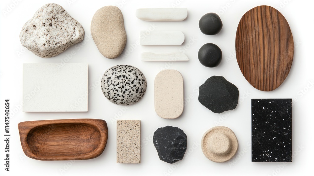 A flat lay of various natural materials, including wood, stone, and marble, on a white background. A flat lay of various natural materials, including wood, stone, and marble, on a white background.