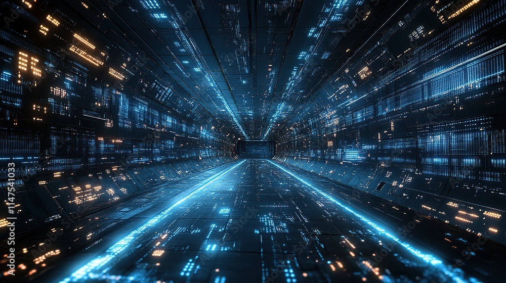 Futuristic digital tunnel with glowing lines and data streams. Futuristic digital tunnel with glowing lines and data streams.