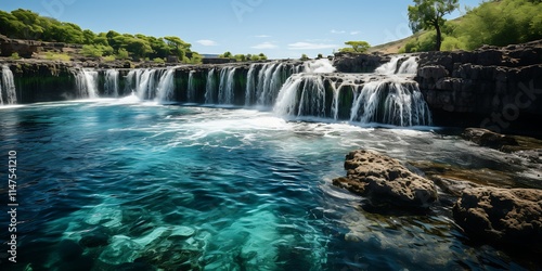 Serene waterfall cascading into a crystal-clear pool.
