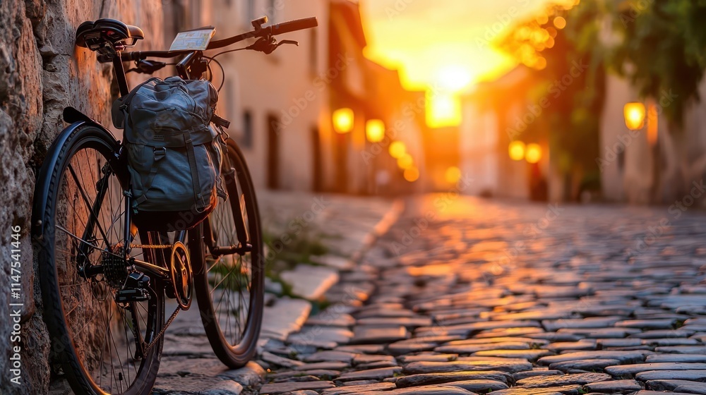 Bicycle resting against a cobblestone street with a backpack and map, glowing lanterns in the distance, anticipation, hope, journey Bicycle resting against a cobblestone street with a backpack and map, glowing lanterns in the distance, anticipation, hope, journey
