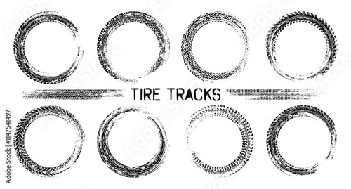 Grunge circle tire tracks, wheel braking marks. Truck, car or motorcycle tread pattern silhouettes. Auto race, motorsport, speed racing design element. Vector illustration
