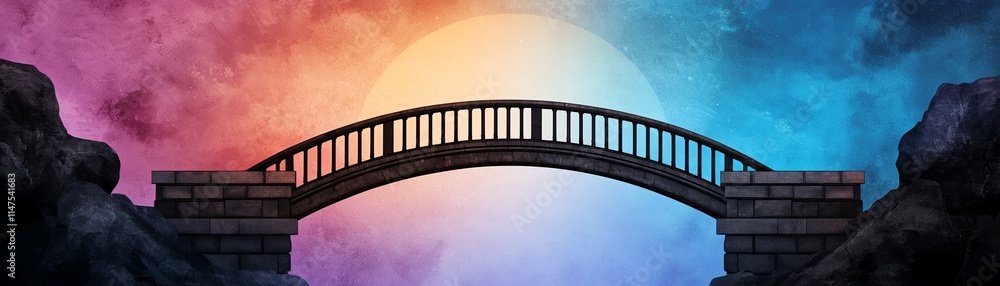 Fototapeta premium A serene bridge arches over contrasting colorful skies, symbolizing connection and transition between two realms.