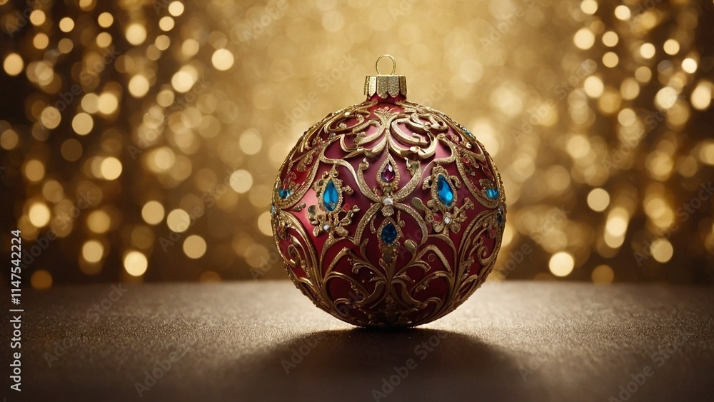 A stunning 3D Christmas ball adorned with intricate designs, gracefully falling against a shimmering gold backdrop. A stunning 3D Christmas ball adorned with intricate designs, gracefully falling against a shimmering gold backdrop.