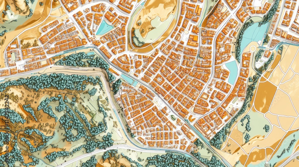 A detailed aerial view of a city with brown buildings, green parks, and blue lakes, outlined in white. A detailed aerial view of a city with brown buildings, green parks, and blue lakes, outlined in white.