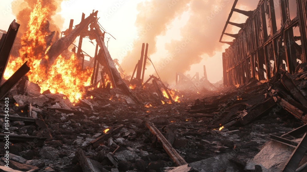 A fiery inferno engulfs a city, leaving behind a desolate landscape of smoldering rubble. A fiery inferno engulfs a city, leaving behind a desolate landscape of smoldering rubble.