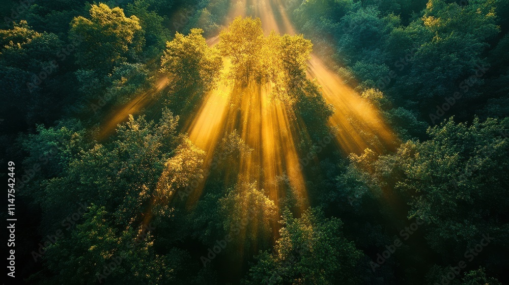 Sunlight Streaming Through Lush Green Forest Canopy in Morning Light Sunlight Streaming Through Lush Green Forest Canopy in Morning Light