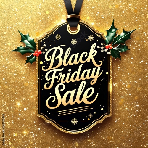 A vibrant Black Friday Sale tag featuring stylish lettering on a glossy black background with golden accents, enhancing the excitement of shopping deals.   photo