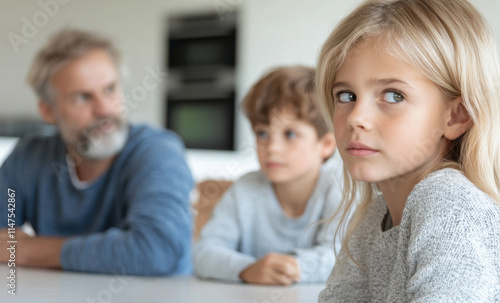 A family sitting at a table, with a girl looking thoughtfully at the camera.