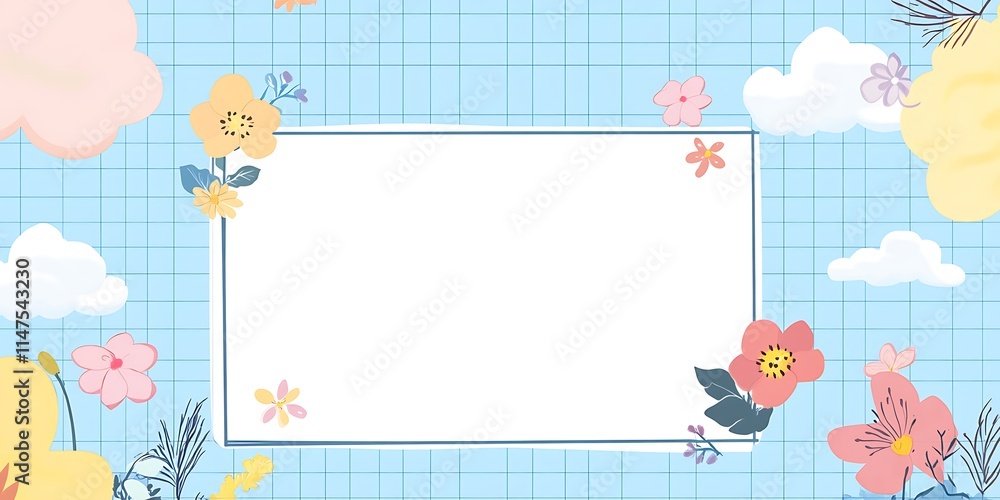 Blank Rectangle Frame Surrounded by Pastel Flowers and Clouds Blank Rectangle Frame Surrounded by Pastel Flowers and Clouds
