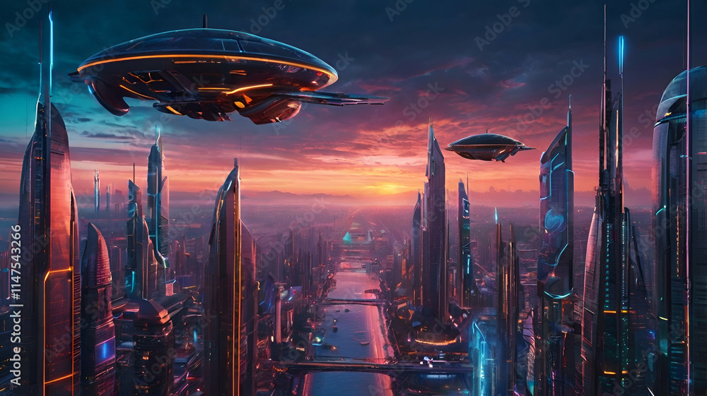 Futuristic cityscape at dusk, glowing skyscrapers with digital holograms and flying vehicles, vibrant neon lights, sci-fi concept Futuristic cityscape at dusk, glowing skyscrapers with digital holograms and flying vehicles, vibrant neon lights, sci-fi concept