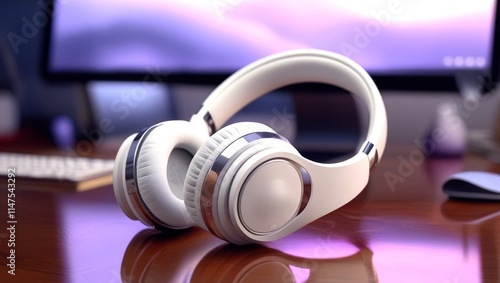 Stylish white headphones sit elegantly on a polished wooden surface, embodying a sleek design that appeals to music lovers and audiophiles alike.   photo