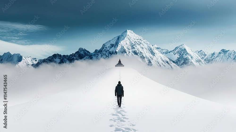 Figure walking towards a distant monastery on a snowy mountain, spiritual and uplifting, anticipation, hope, journey Figure walking towards a distant monastery on a snowy mountain, spiritual and uplifting, anticipation, hope, journey