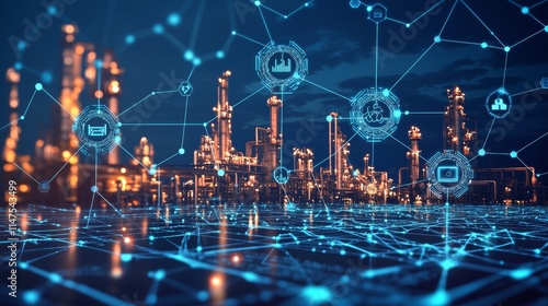 imagine prompt: petrochemical symbols interlinked with AI icons representing the integration of learning and artificial intelligence through material science --chaos 10 --ar 16:9 --