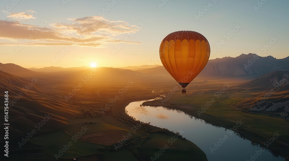 Hot air balloon floating above a tranquil valley at dawn, symbolizing possibilities and peace, anticipation, hope, journey Hot air balloon floating above a tranquil valley at dawn, symbolizing possibilities and peace, anticipation, hope, journey