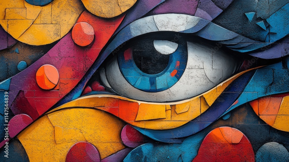 Fototapeta premium Colorful graffiti mural, giant eye detail.