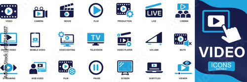  Video icon set. camera, play, pause, media, online video, live, production, player, You can easily change the color.