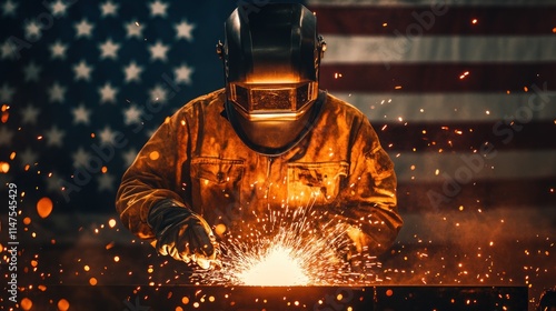 A welder in a protective suit, welding metal with sparks flying in front of the American flag.