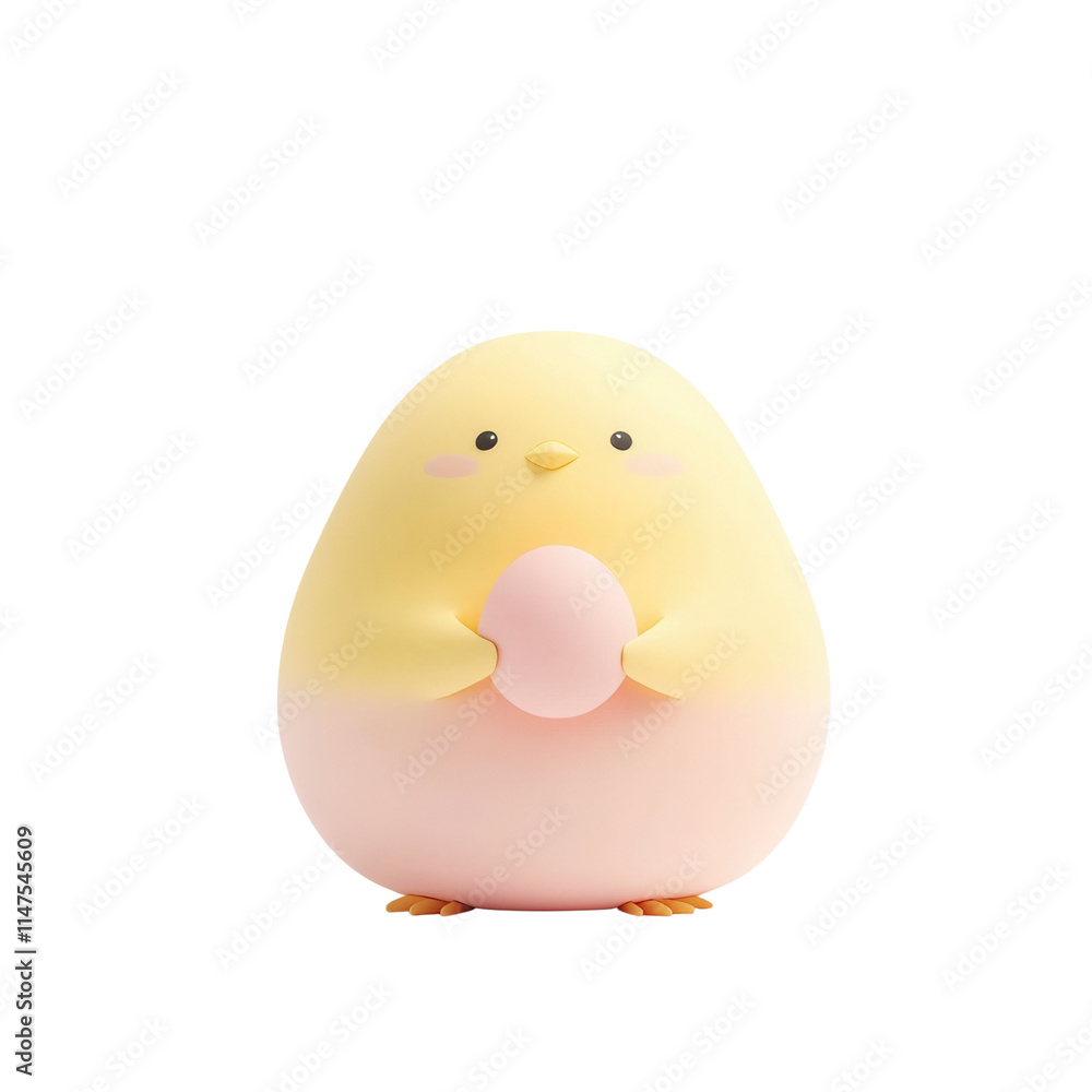 A cute, round, yellow bird-shaped figure holding a small pink egg. A cute, round, yellow bird-shaped figure holding a small pink egg.