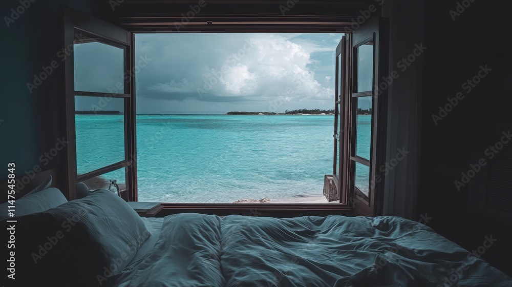 Fototapeta premium Ocean view from bedroom window, bed with white linens, stormy sky.