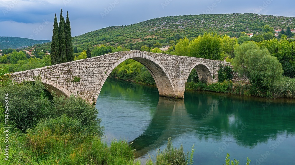 Ancient stone arch bridge over calm river, reflecting in water, surrounded by lush green vegetation and hills under a cloudy sky. Ancient stone arch bridge over calm river, reflecting in water, surrounded by lush green vegetation and hills under a cloudy sky.