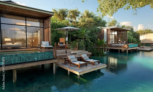 Wallpaper Mural Modern waterfront villa with pool, surrounded by lush greenery and tranquil water. Torontodigital.ca