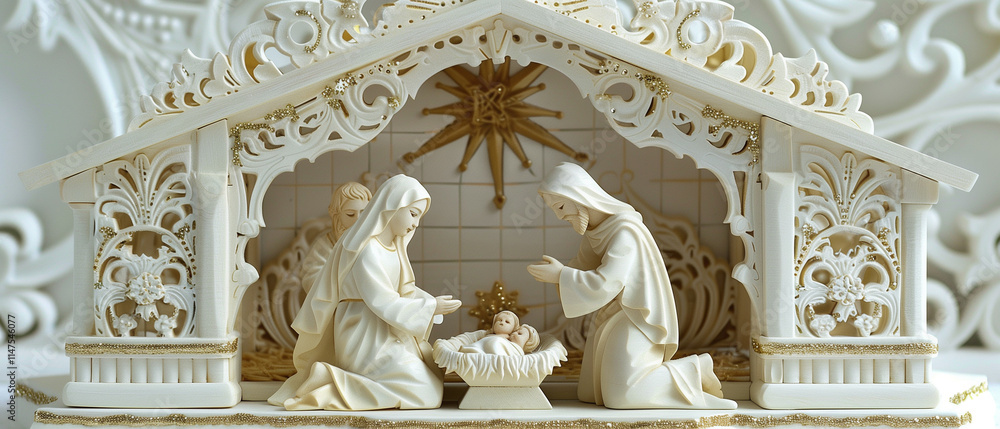 Obraz premium A beautifully carved white wooden nativity scene with gold accents depicts Mary and Joseph kneeling before baby Jesus in a manger.