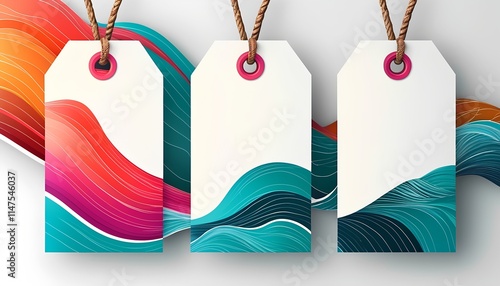 Creative blank label tag design with colorful waves studio setting digital artwork modern aesthetic focused viewpoint