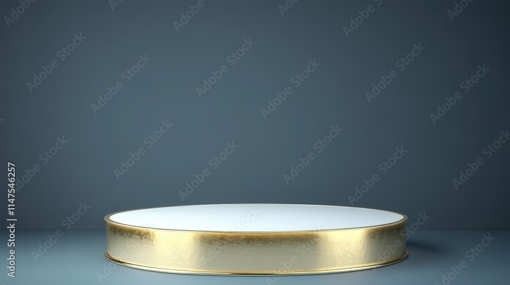 Gold Round Pedestal Display Platform on Blue Background Gold Round Pedestal Display Platform on Blue Background