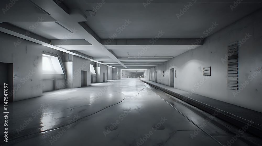 Fototapeta premium Long, empty, industrial corridor with concrete walls, floor, and ceiling; features minimal lighting, doors, and windows.