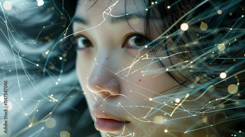 A lifelike AI-rendered face framed by intricate abstract lines and shimmering points of light, symbolizing artificial intelligence in a modern and futuristic digital design photo