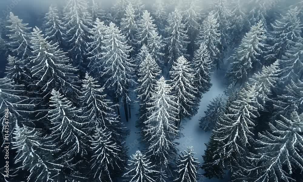 Aerial view of snow-covered evergreen trees in a foggy forest. Aerial view of snow-covered evergreen trees in a foggy forest.