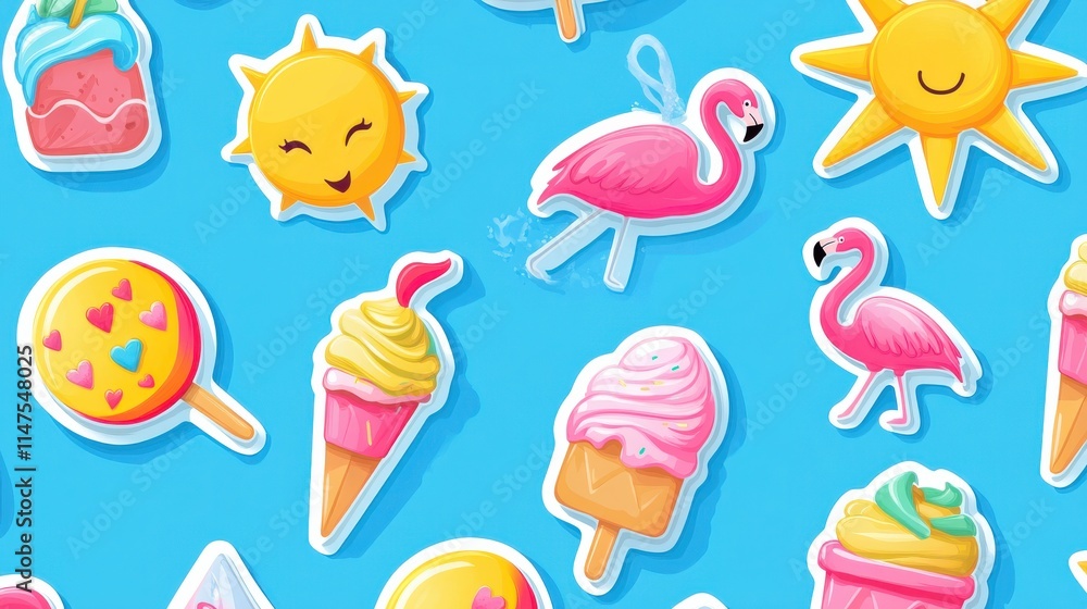 Colorful Summer Stickers with Ice Cream, Sun, and Flamingo Designs Colorful Summer Stickers with Ice Cream, Sun, and Flamingo Designs