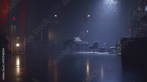 Dark room with faint emergency exit sign glow during power blackout, capturing sudden disruption and eerie stillness with scattered objects faintly visible in dim light.