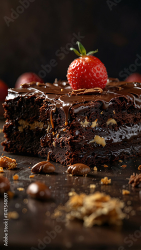 Aesthetic dessert shot of brownies slice with chocolate and peanuts on a white plate photo