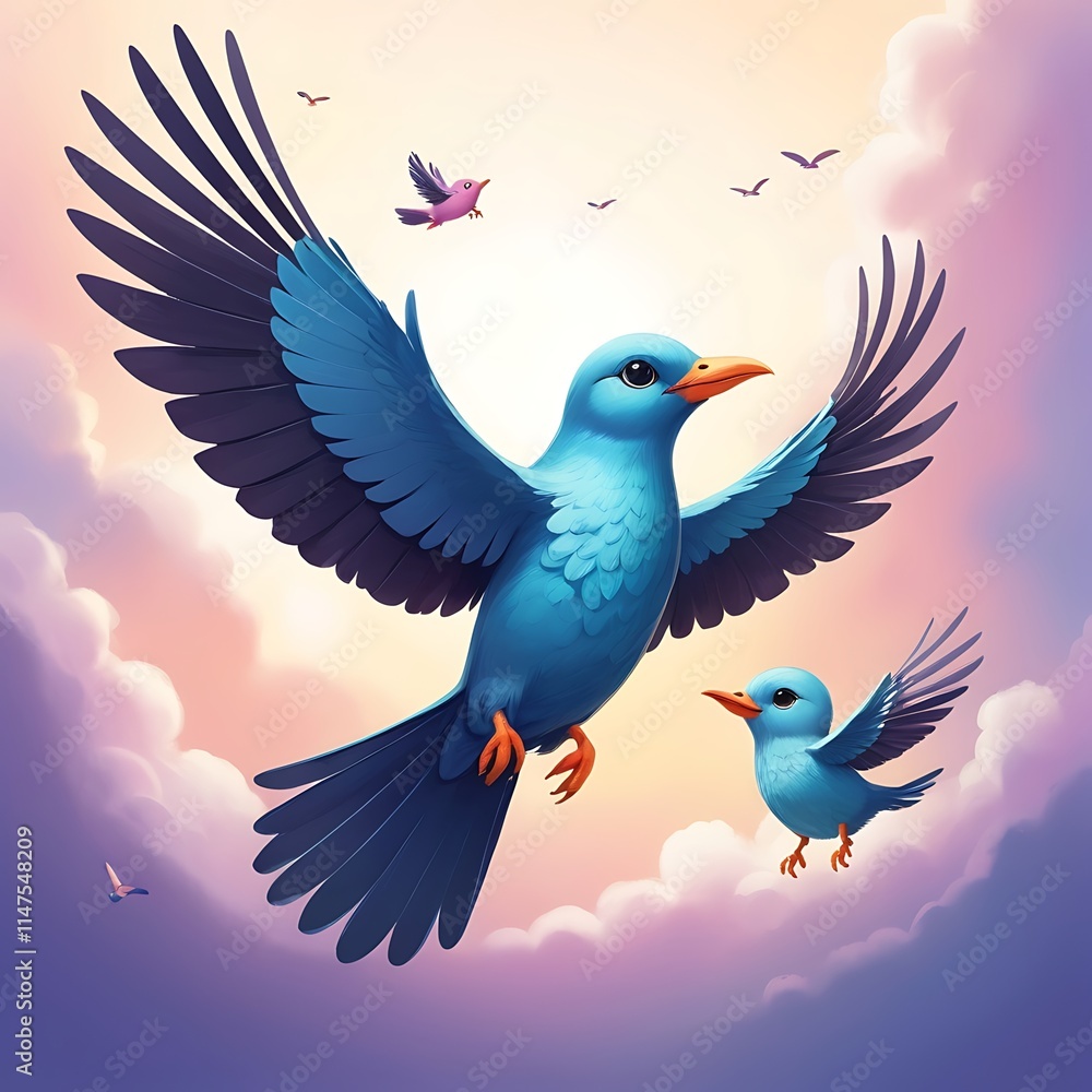 Obraz premium Flying Bird with Adorable Baby Bird in the Sky